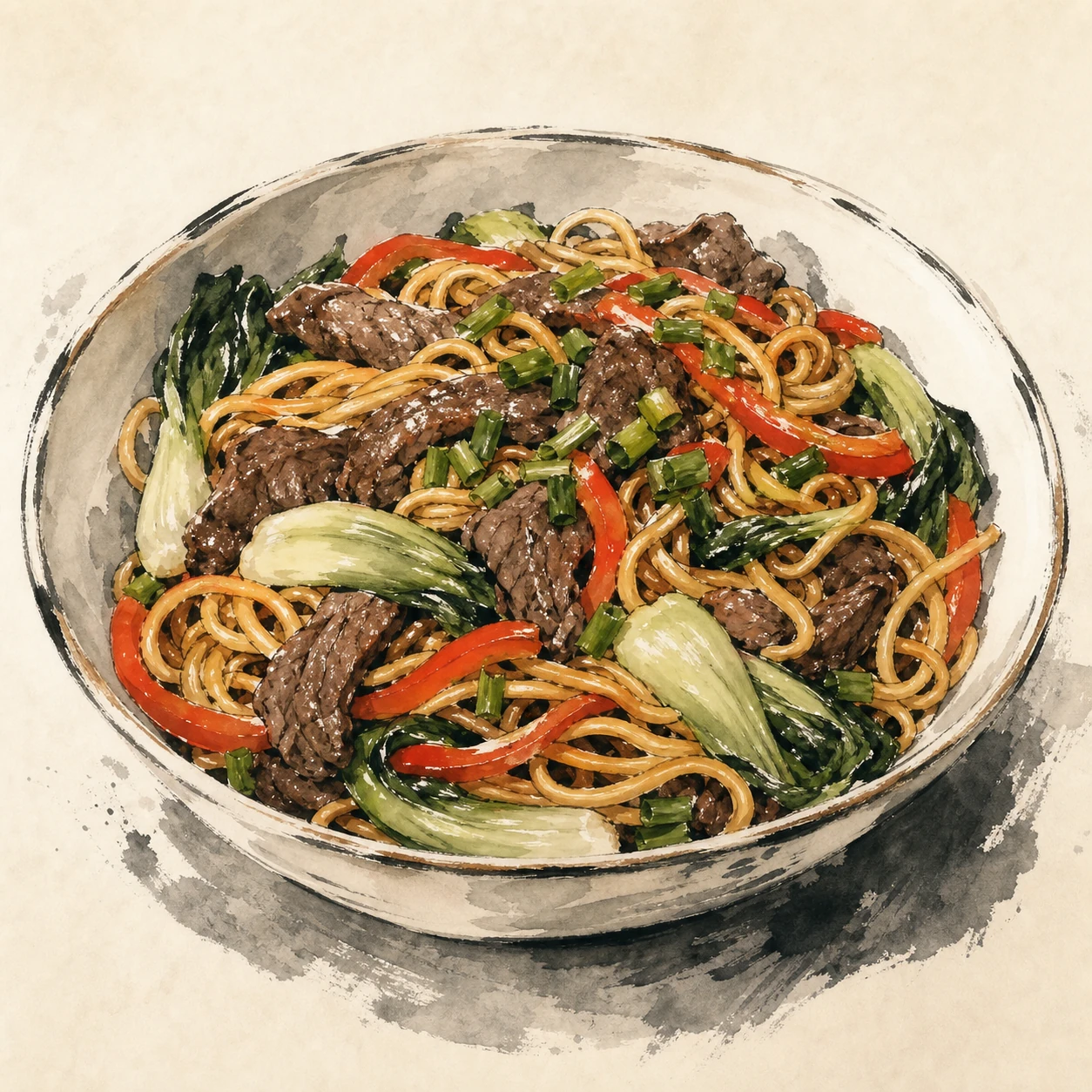 Beef Lo Mein with Bok Choy and Snow Peas