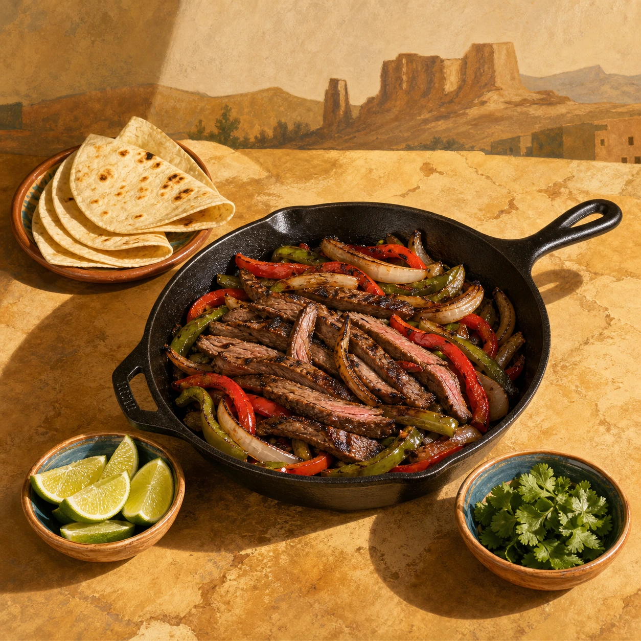 Fajitas de filete de falda en sartén de hierro fundido