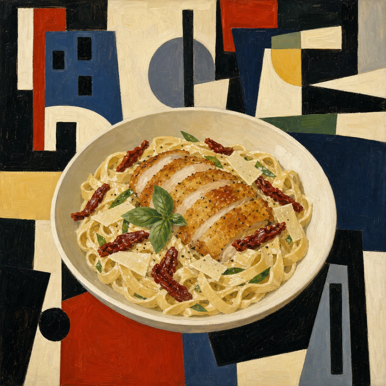 Pollo Milano con crema de tomates secos