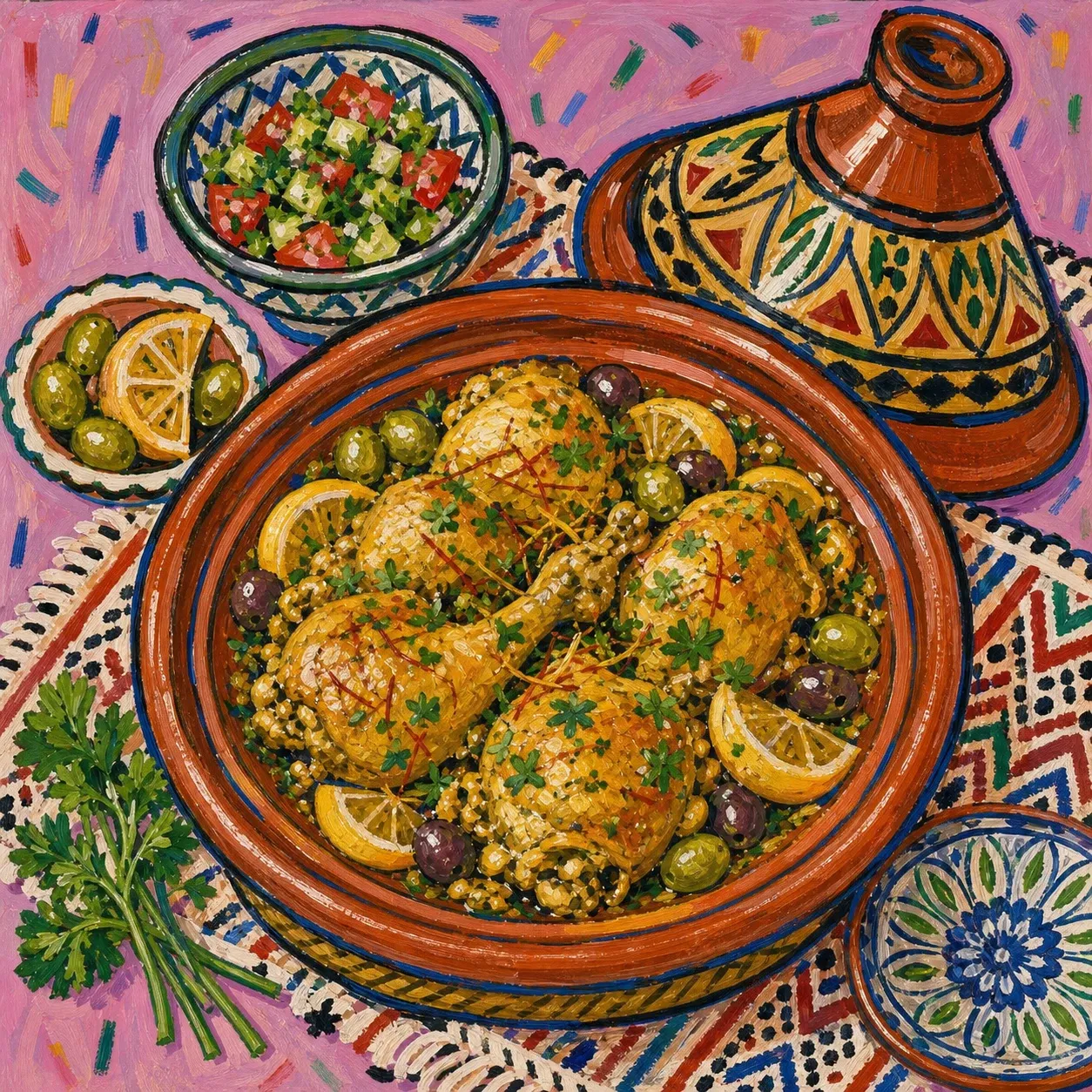 Tajín de pollo con limón en conserva y aceitunas