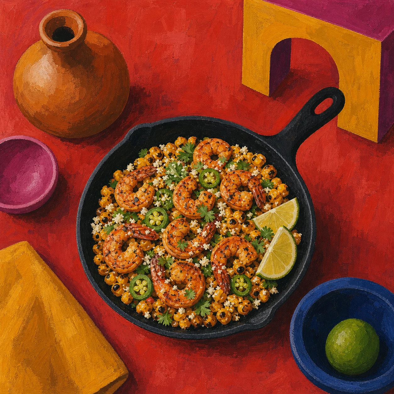 Sartén de camarones con chile y limón y esquites