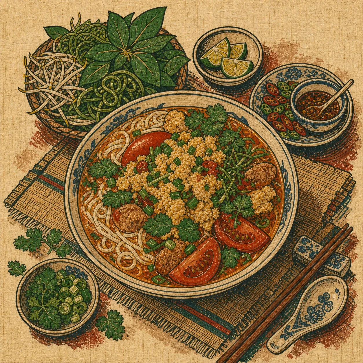 Sopa de fideos con cangrejo y tomate