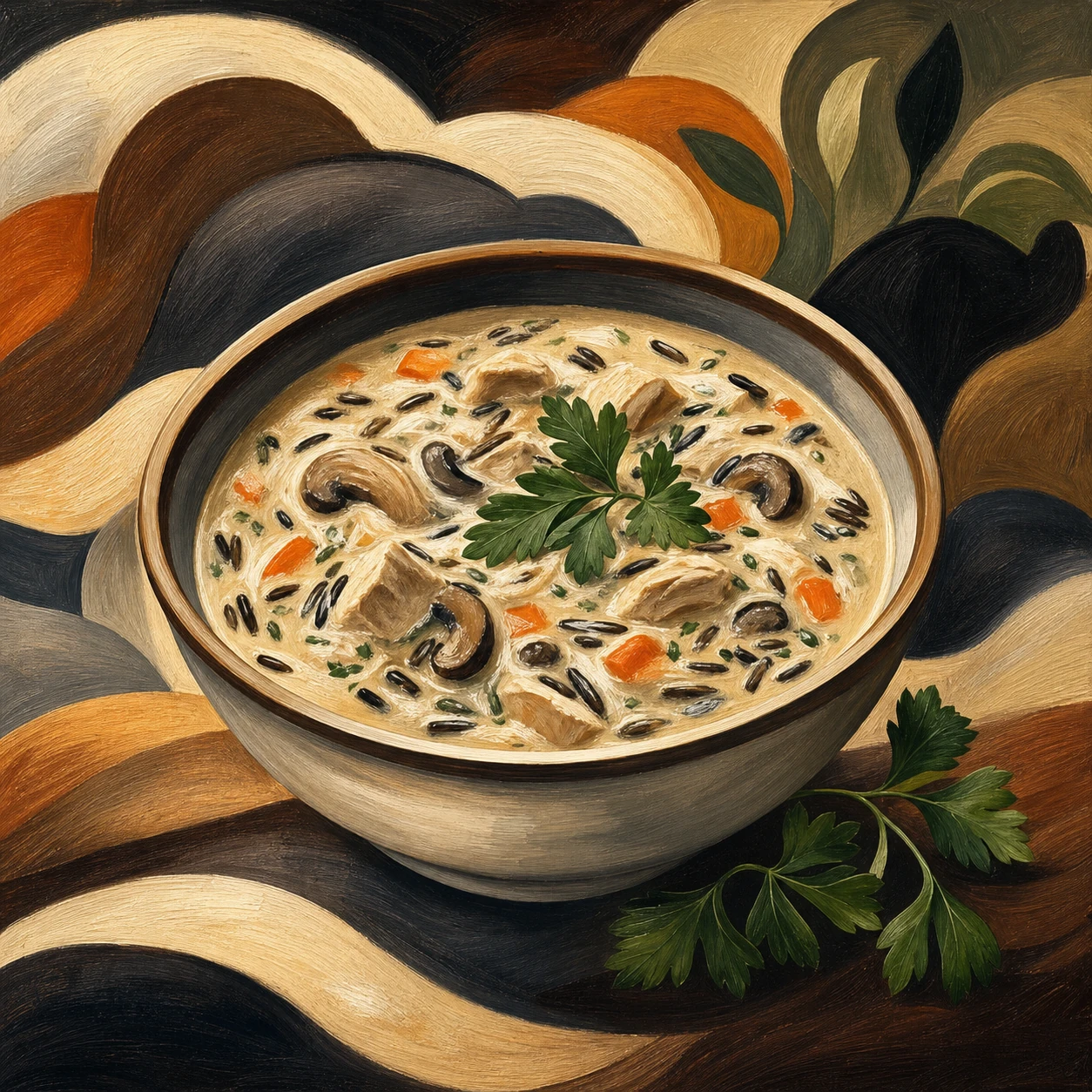Sopa cremosa de pollo y arroz salvaje