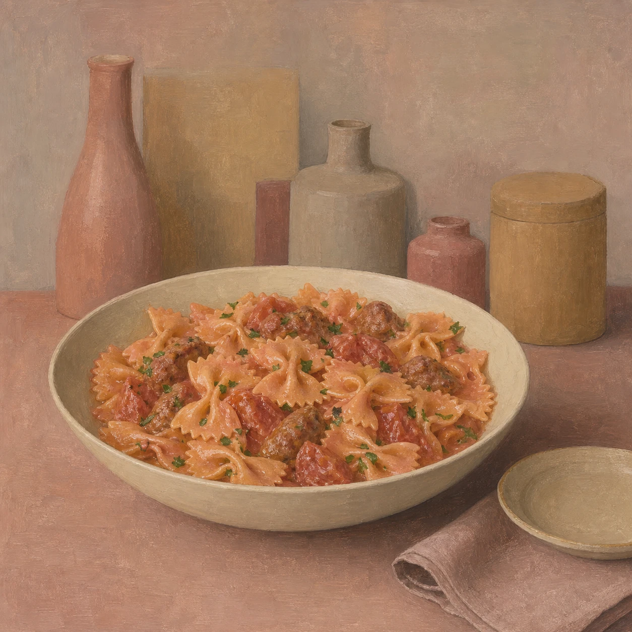 Farfalle con salchicha, tomate y crema