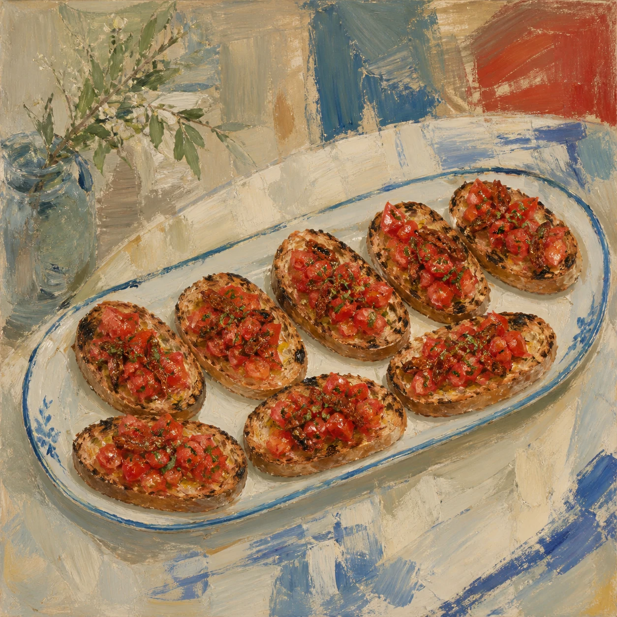 Bruschetta de tomate fresco y tomate seco al sol