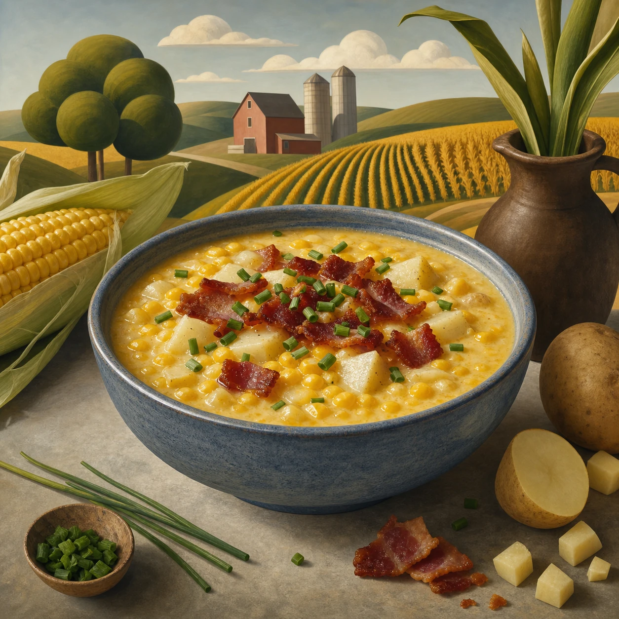 Chowder de maíz fresco con tocino y cebollín