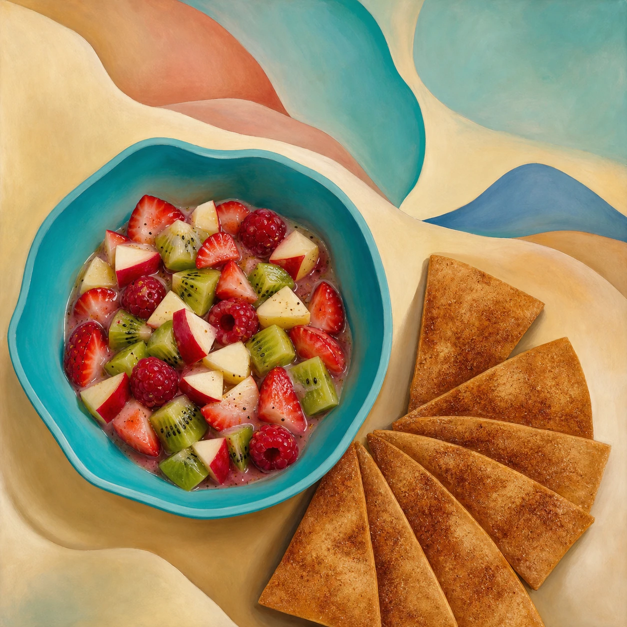 Salsa de fruta fresca con chips de tortilla a la canela
