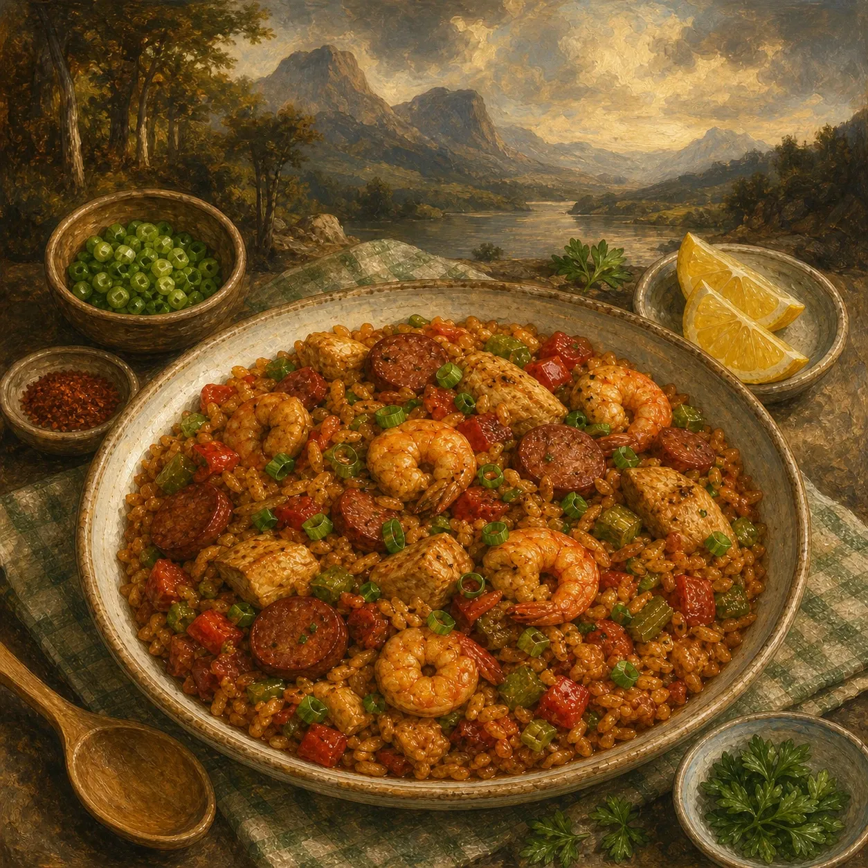Creole Chicken, Sausage and Shrimp Jambalaya