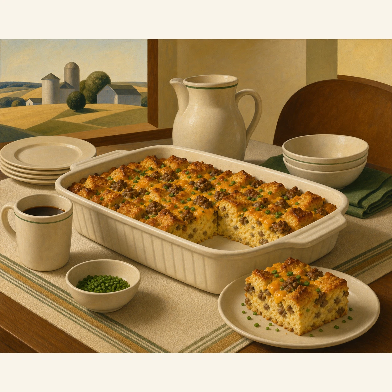 Strata de desayuno con salchicha y cheddar preparada la noche anterior