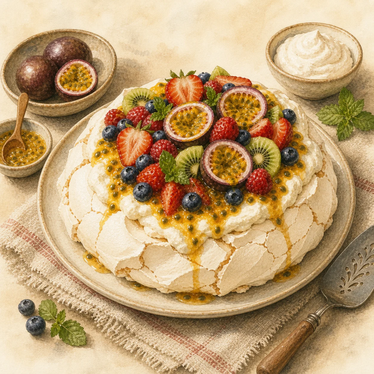 Pavlova with Passion Fruit and Cream