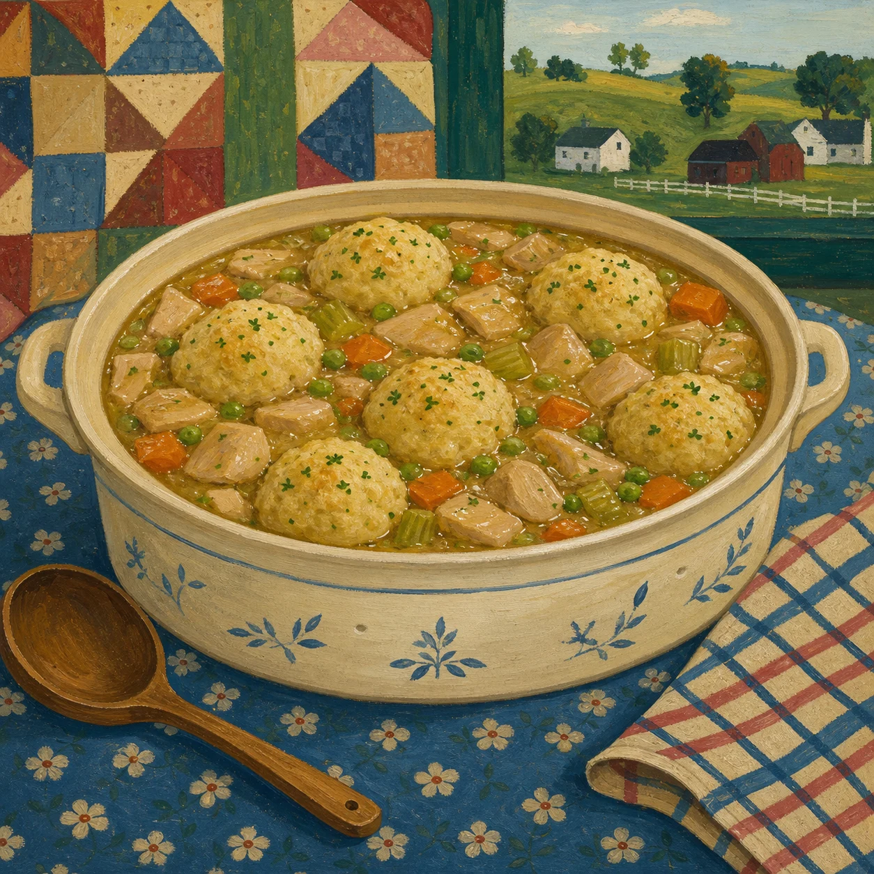 Pollo con dumplings de hierbas en olla de cocción lenta