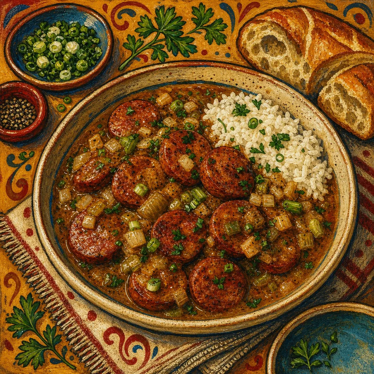 Andouille estofada en salsa gravy