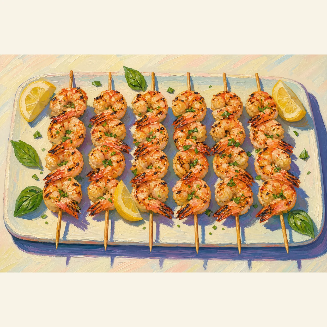 Camarones a la parrilla marinados con tomate y albahaca
