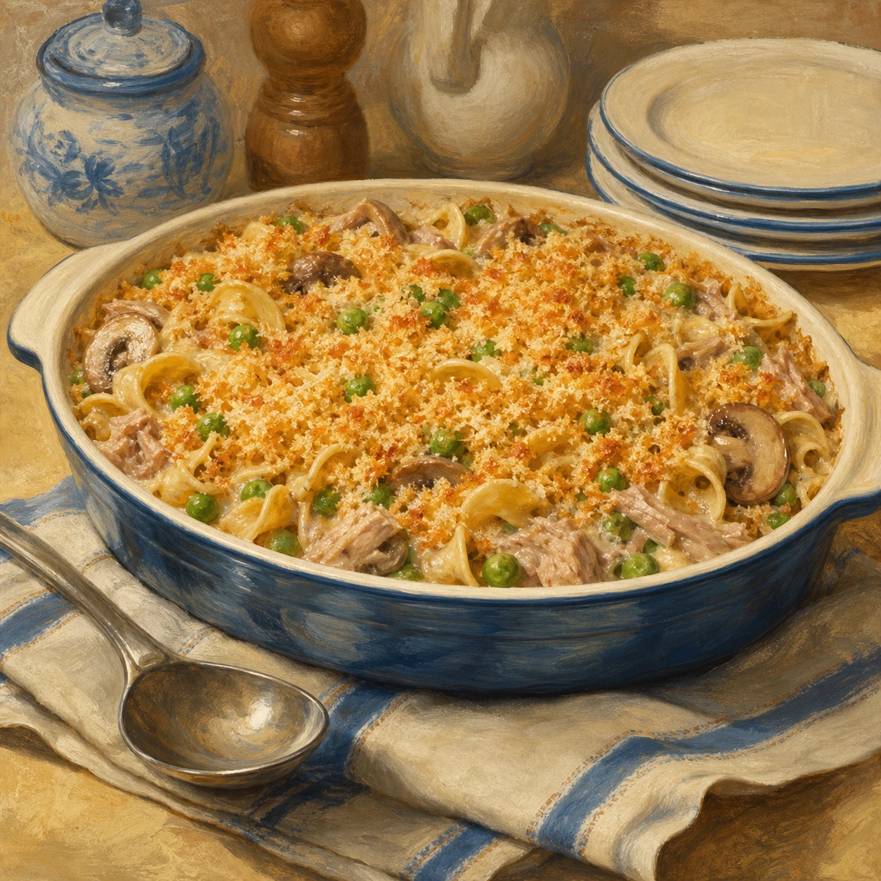 Cazuela de fideos con atún, chícharos y migas crujientes