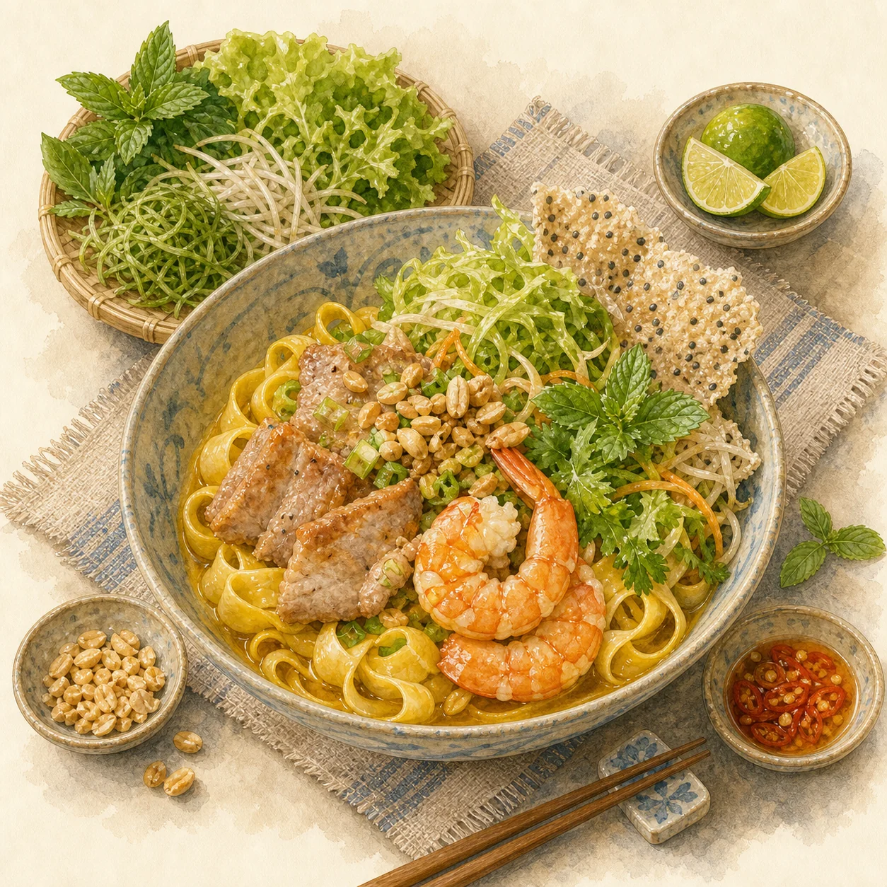 Turmeric Noodles with Pork and Shrimp