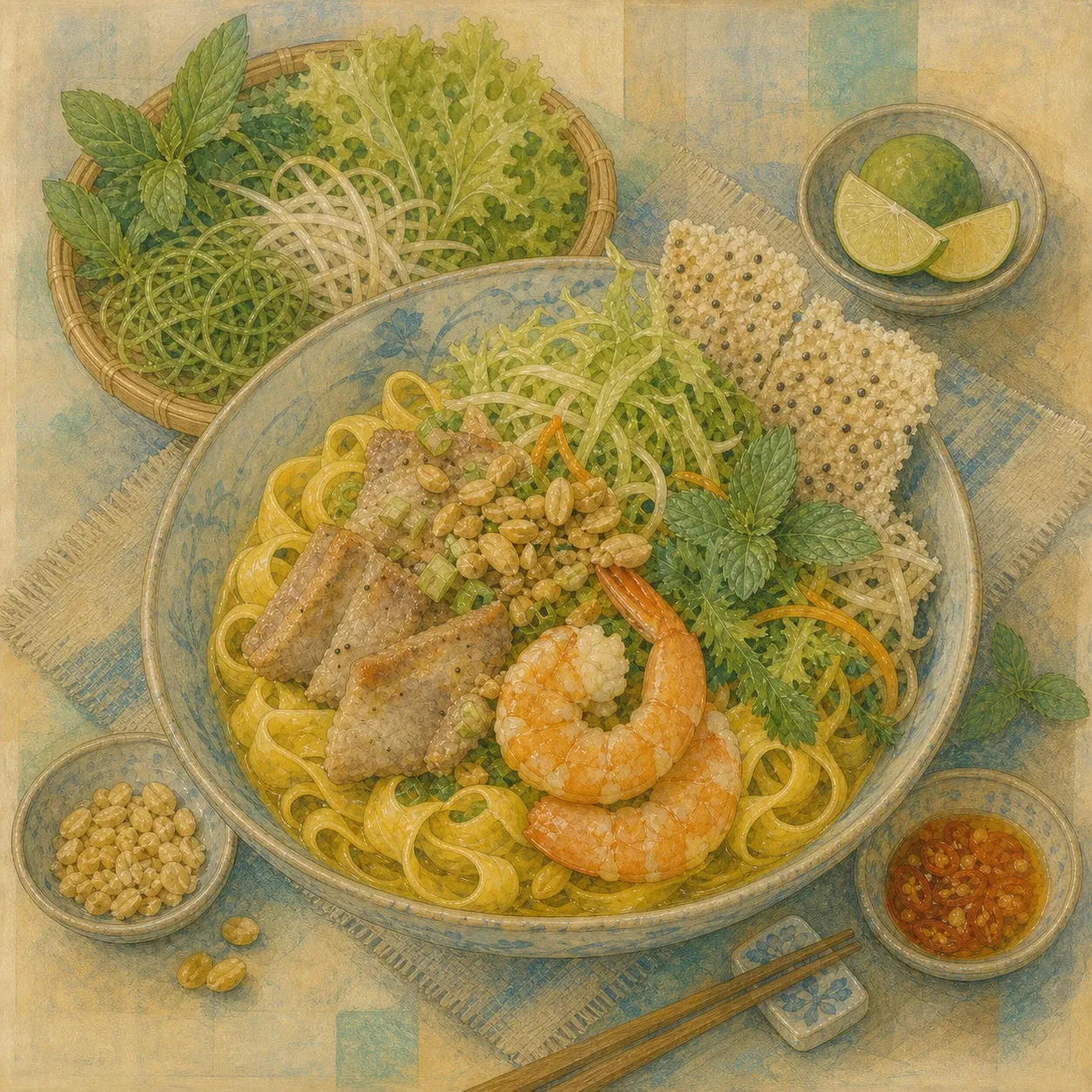 Fideos con cúrcuma, cerdo y camarones