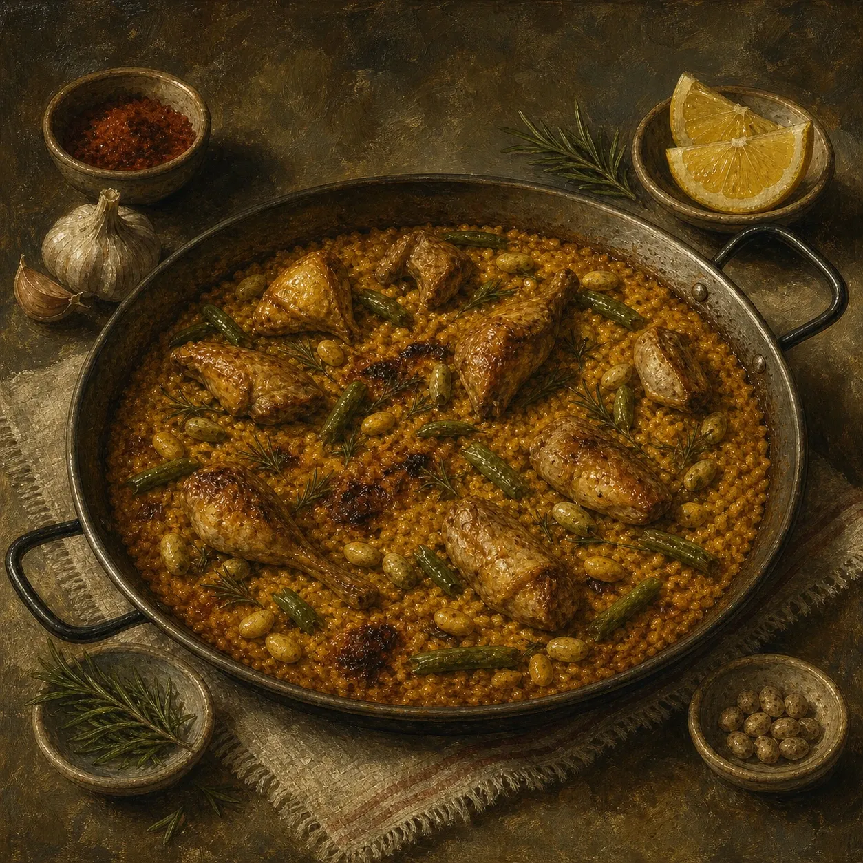 Paella valenciana de pollo y conejo